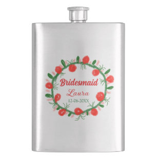 green red wreath cir add name bridesmaid gift year flask