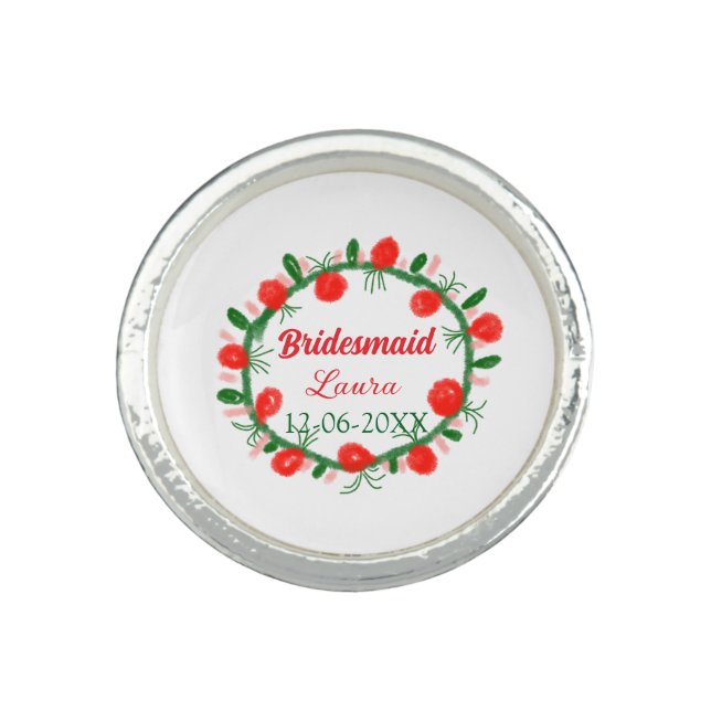 green red wreath cir add name bridesmaid gift year ring (Front)