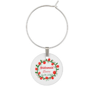 green red wreath cir add name bridesmaid gift year wine charm