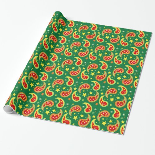 Green red  yellow Christmas Paisley star pattern Wrapping Paper