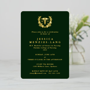 Green Registered Nurse Caduceus+Laurel Wreath Foil Invitation