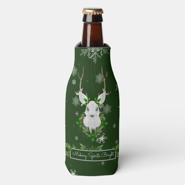 Green Reindeer Bottle Cooler (Bottle Front)