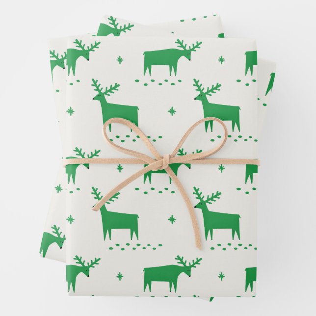 Green Reindeer Christmas | Cozy Woodland Winter Wrapping Paper Sheets (In situ)