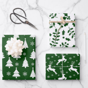 Green Reindeer, Christmas Tree and Holly Patterns Wrapping Paper Sheets