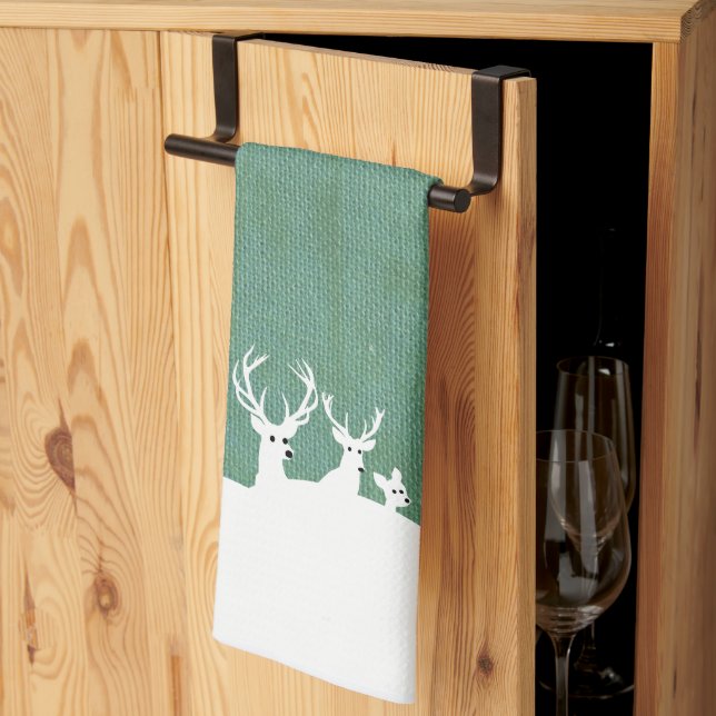 Green Reindeer Family Deer Snow Christmas Sage  Kitchen Towel (Thirds Fold)