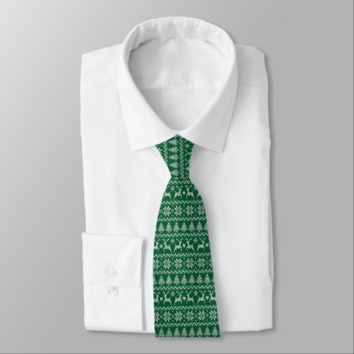 Green Reindeer Knit Pattern Neck Tie