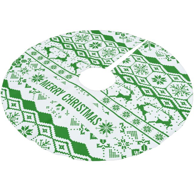 Green Reindeer Knitted Pattern Brushed Polyester Tree Skirt (Angled)