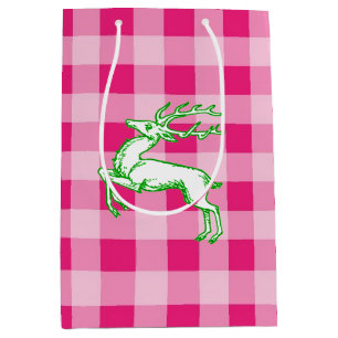Green Reindeer Pink Gingham Medium Gift Bag