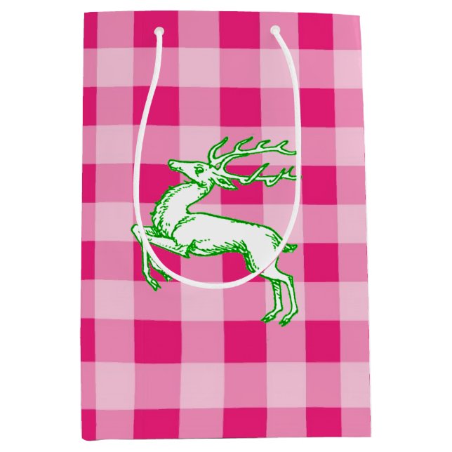 Green Reindeer Pink Gingham Medium Gift Bag (Front)