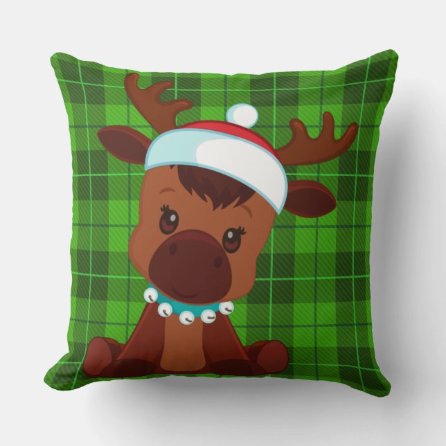 Green Reindeer Plaid Pillow (Front)