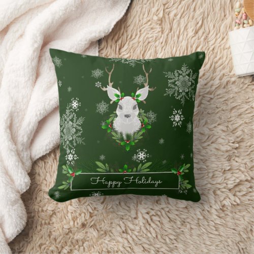 Green Reindeer Throw Pillow