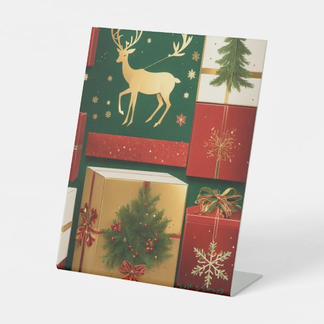 Green Reindeer Ugly Christmas Sweater Pattern –... Pedestal Sign (Front)