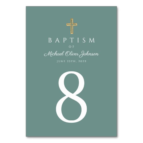 Green Religious Cross Boy Baptism Table Number