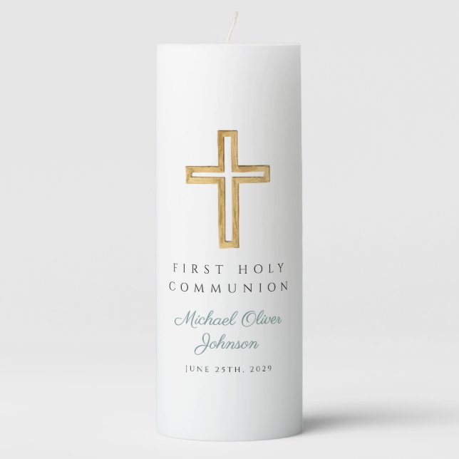 Green Religious Cross Boy First Communion  Pillar Candle (Front)