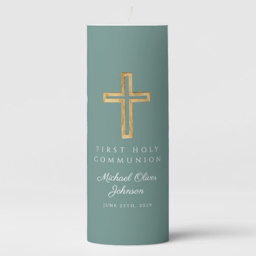 Green Religious Cross Boy First Communion  Pillar Candle