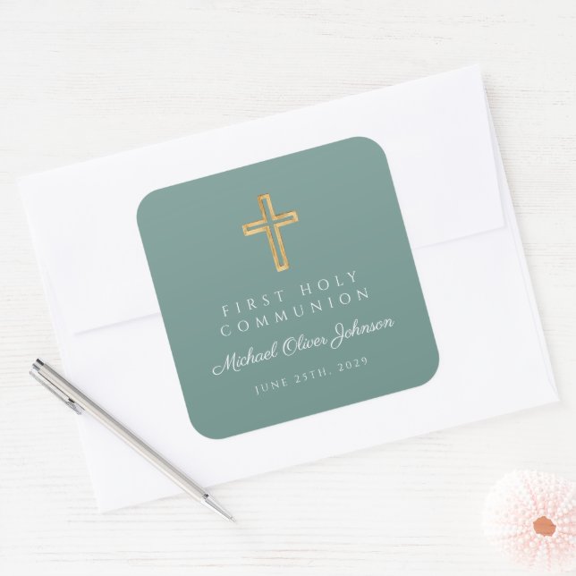 Green Religious Cross Boy First Communion Square Sticker (Envelope)