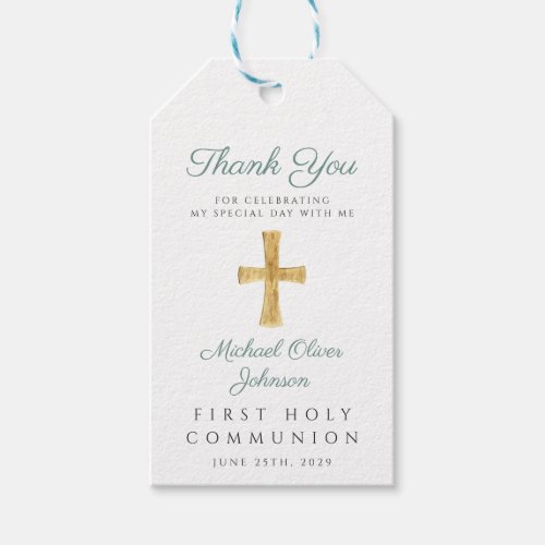Green Religious Cross First Communion Thank You Gift Tags