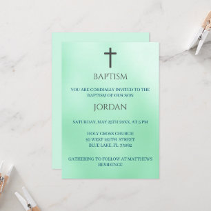 Green Religious Cross Traditional Baptism Invitation