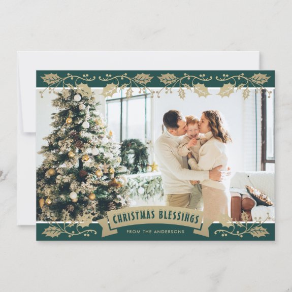 Green Religious Holly Photo Christmas Blessings Card