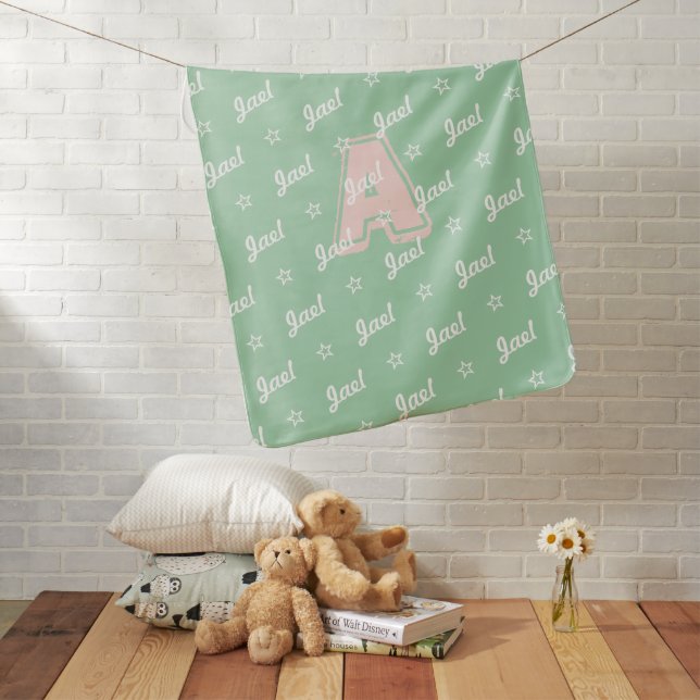 Green repeat personalized name script & monogram baby blanket (In Situ)