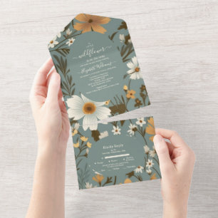 Green Retro A Little Wildflower Baby Shower All In One Invitation