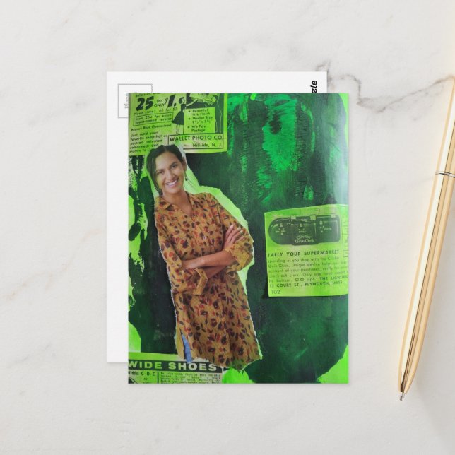 Green Retro Ads A Happy Lady Mixed Media Collage Postcard (Front/Back In Situ)
