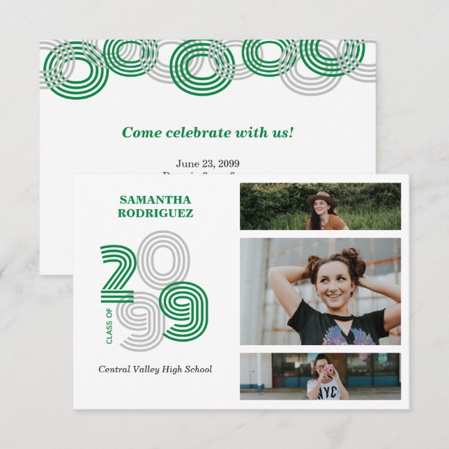 Green Retro Big Numbers 3-Photo Graduation Invitation (Front/Back)