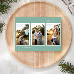 Green Retro Boho Minimalist Five Photo Collage Holiday Card