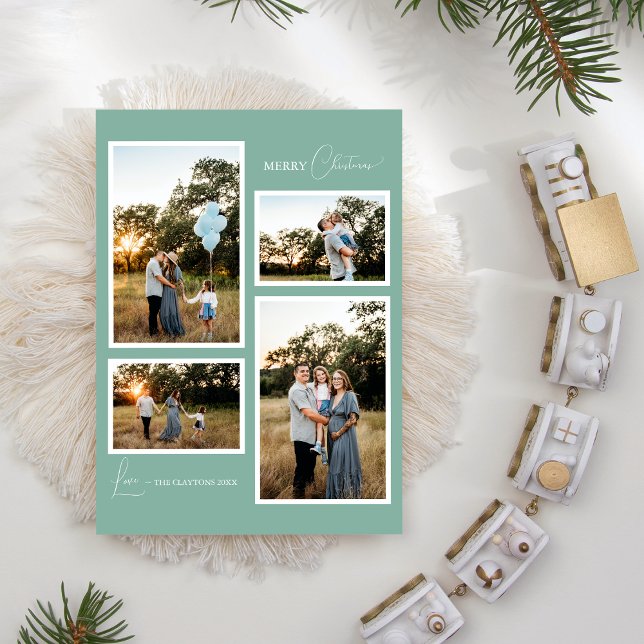 Green Retro Boho Minimalist Four Photo Collage Holiday Card (Creator Uploaded)