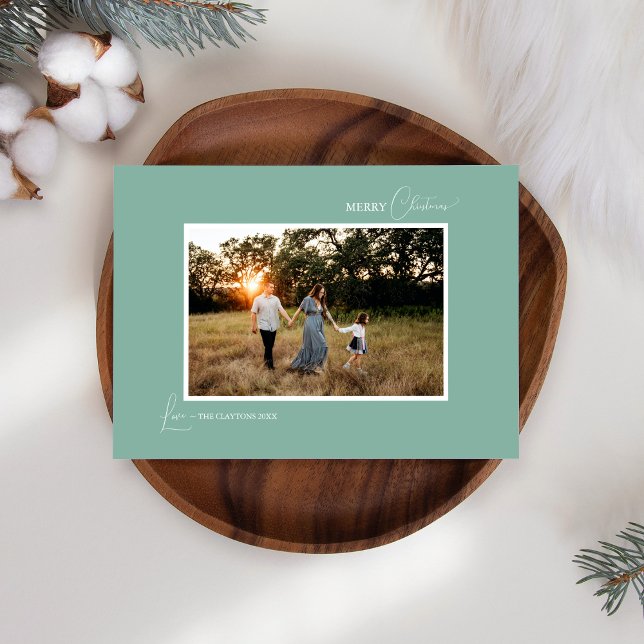 Green Retro Boho Minimalist Photo and Letter Holiday Card (Creator Uploaded)