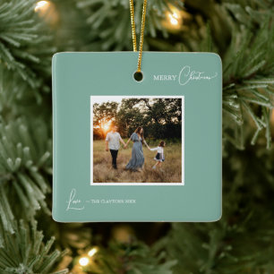 Green Retro Boho Minimalist Photo Merry Christmas Ceramic Ornament