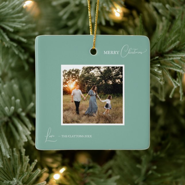 Green Retro Boho Minimalist Photo Merry Christmas Ceramic Ornament (Tree)