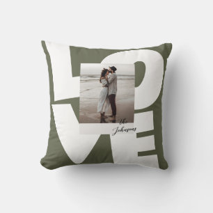 Green Retro Bold Love Typography with Photo Throw Pillow