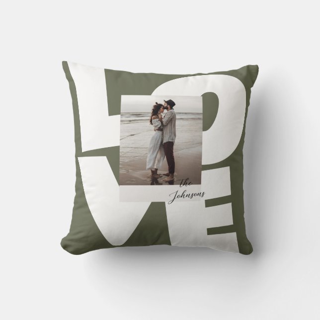 Green Retro Bold Love Typography with Photo Throw Pillow (Front)