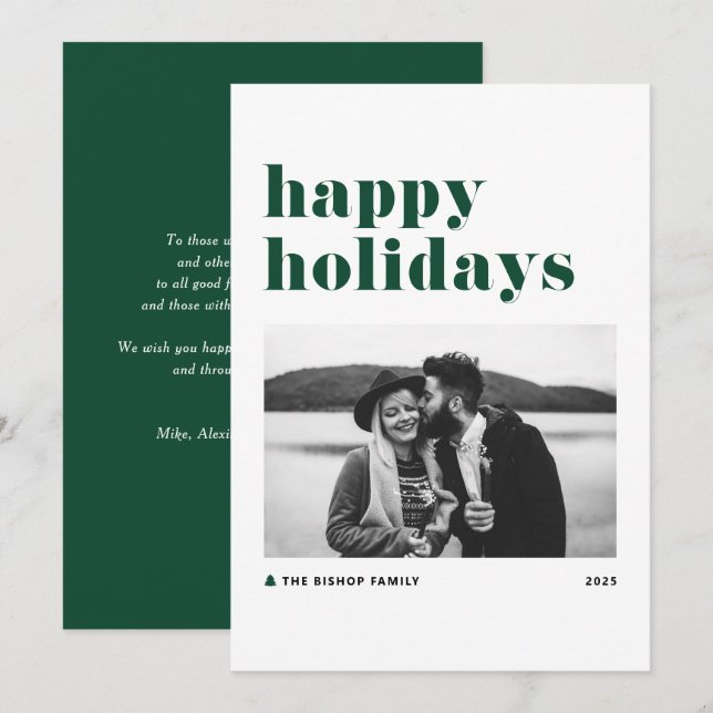 Green Retro Bold Typography Photo Happy Holidays Holiday Card (Front/Back)