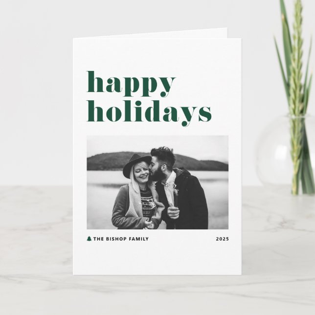 Green Retro Bold Typography Photo Happy Holidays Holiday Card (Front)