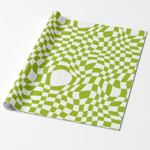 Green Retro Checkered Wave Warp Art Wrapping Paper