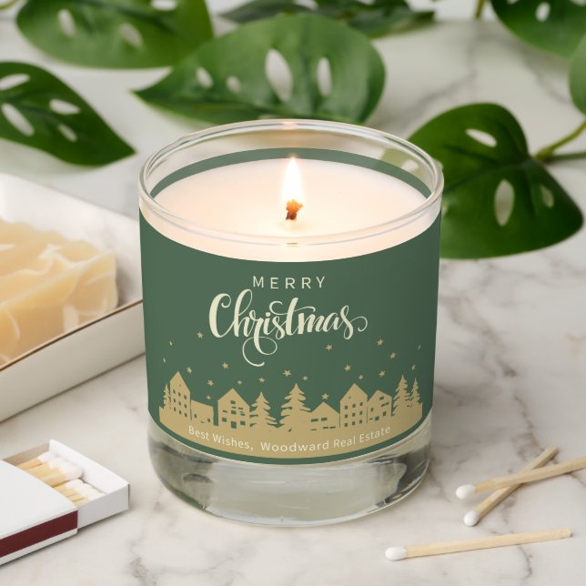 Green Retro Christmas Houses Silhouette | Realtor Scented Candle (Lit)
