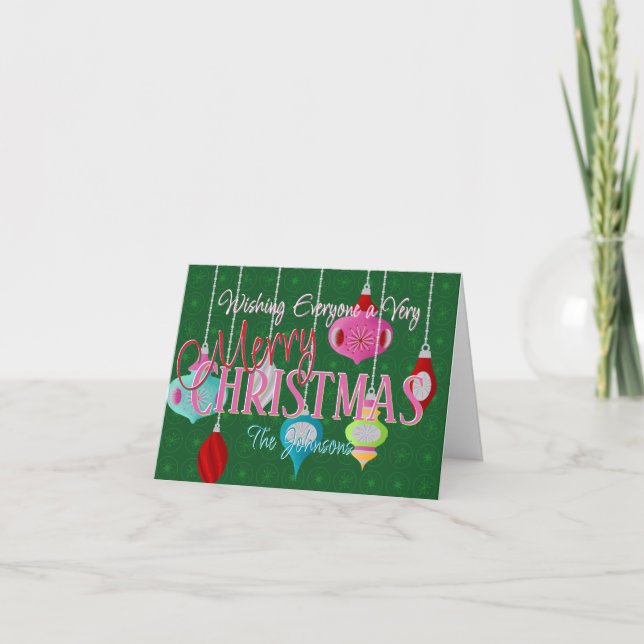 Green Retro Christmas Ornaments Holiday Card (Front)