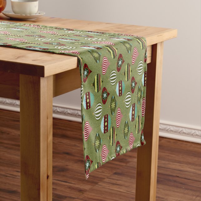 Green Retro Christmas Tree Ornaments Short Table Runner (In Situ)