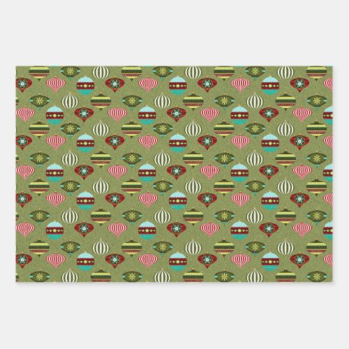 Green Retro Christmas Tree Ornaments Wrapping Paper Sheets
