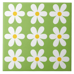 Green Retro Daisy Floral Pattern Ceramic Tile