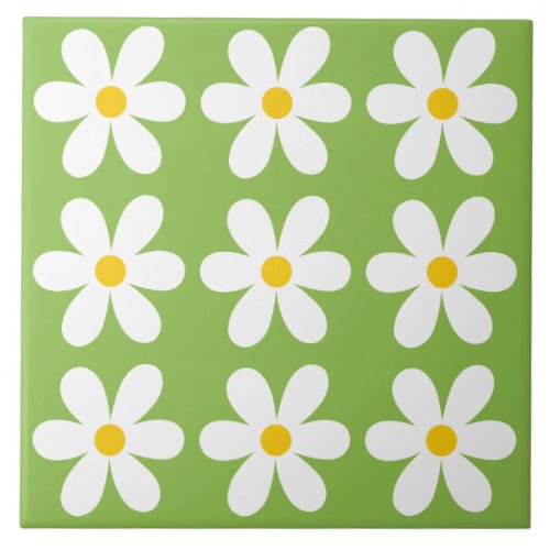 Green Retro Daisy Floral Pattern Ceramic Tile