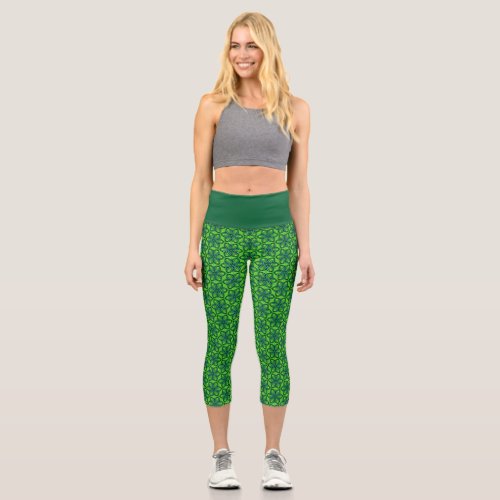Green Retro Flower Yoga Pants Workout Capri