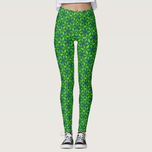 Green Retro Flower Yoga Pants Workout Legging
