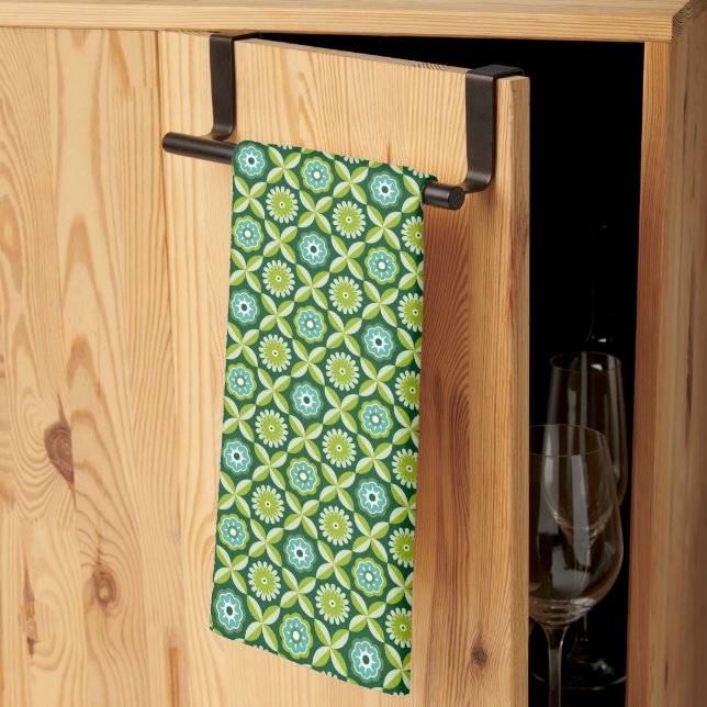 Green retro flowers kitchen towel (Thirds Fold)