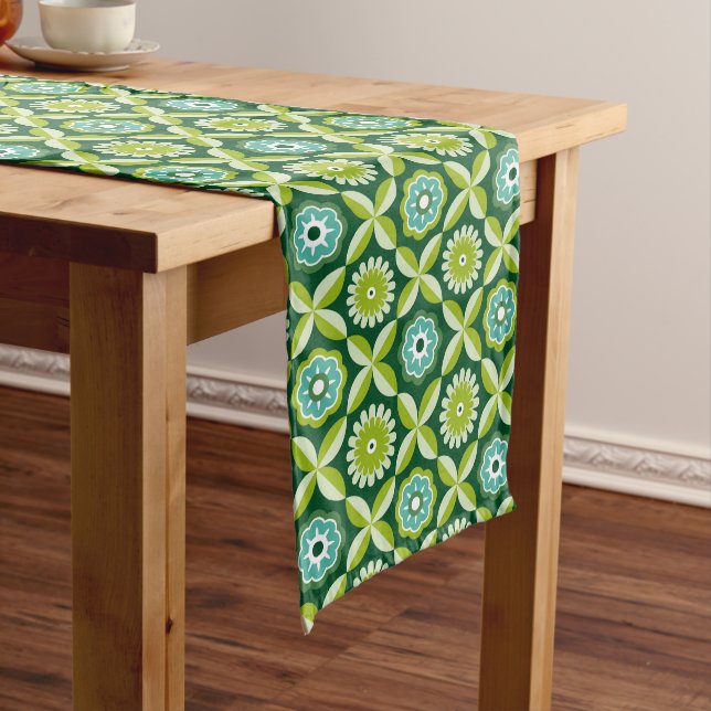 Green retro flowers  long table runner (In Situ)
