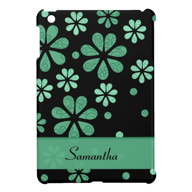 Green Retro Flowers On Black Case For The iPad Mini (Back)