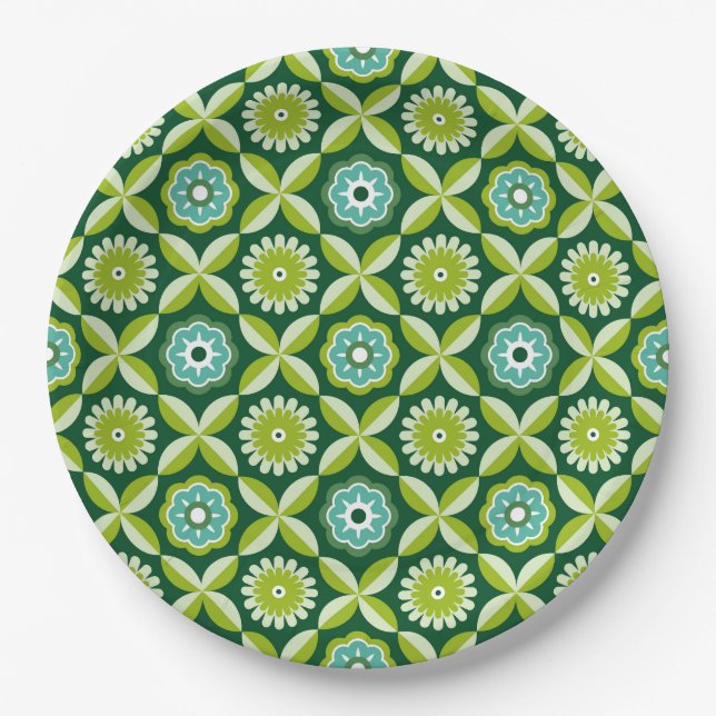 Green retro flowers paper plates (Front)