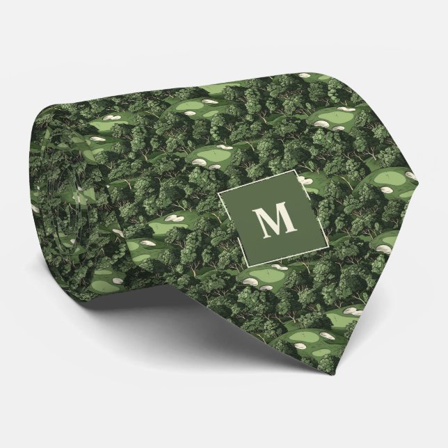 Green Retro Golf Course Monogrammed Neck Tie (Rolled)
